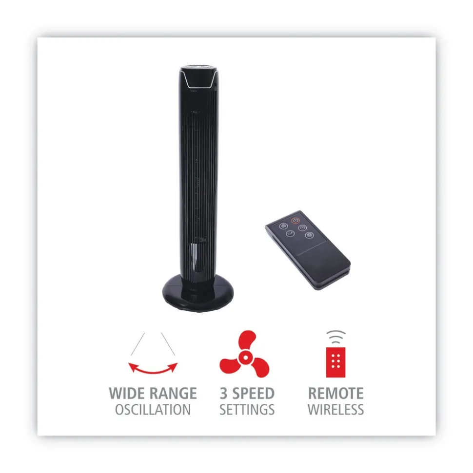 Alera 36 in. 3-Speed Oscillating Plastic Tower Fan with Remote Control - Black