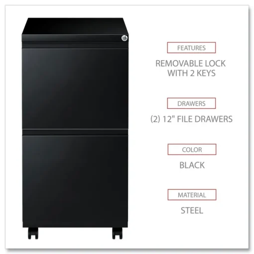 Alera 14.96 in. x 19.29 in. x 27.75 in. 2 Legal/Letter-Size File Drawers Left or Right File Pedestal with Full-Length Pull - Black