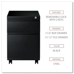 Alera 14.96 in. x 19.29 in. x 21.65 in. 2-Drawers: Box/File Legal/Letter Left or Right File Pedestal with Full-Length Pull - Black