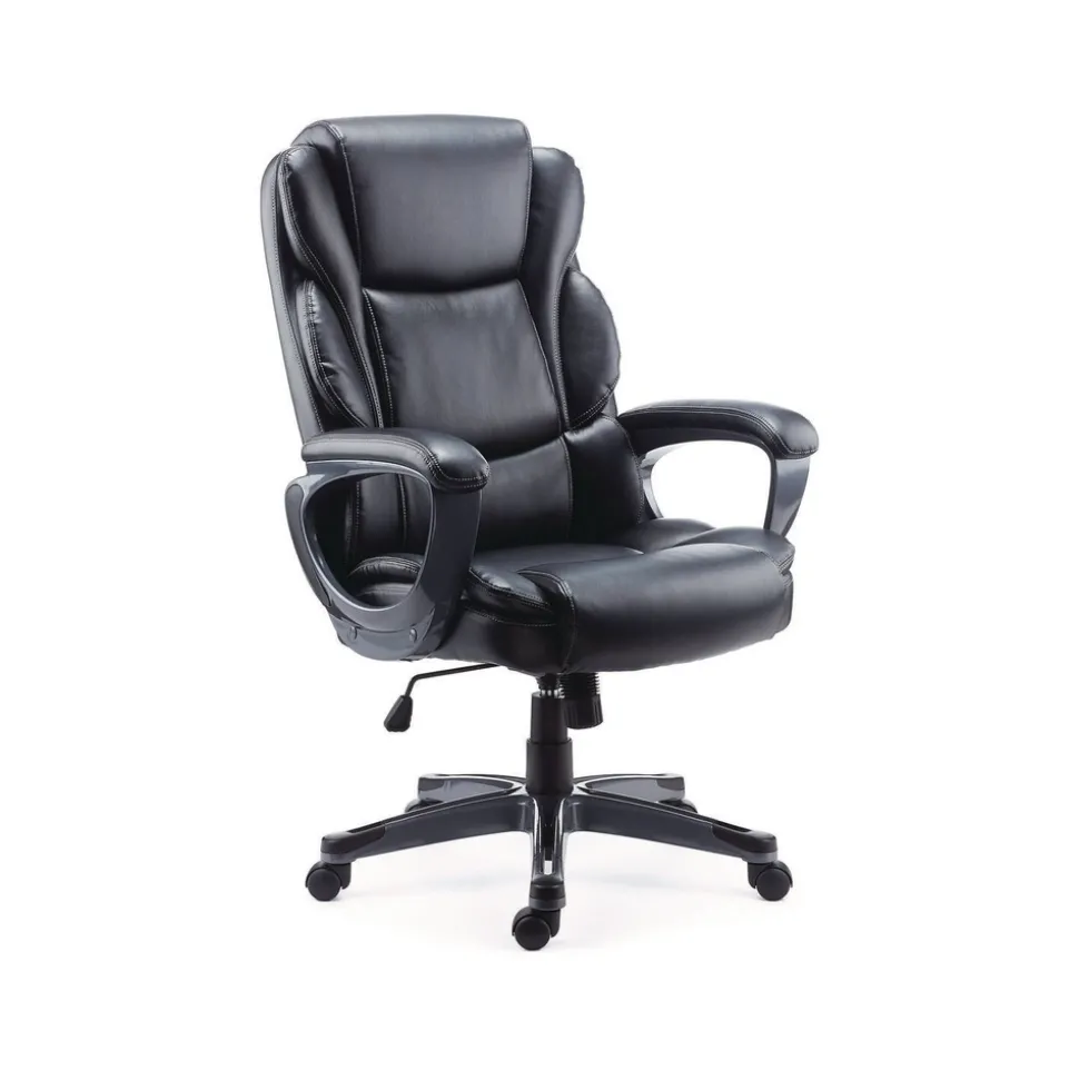 Alera Kirkdale 16.18 to 22.76 Seat Height Bonded Leather Manager Chair Supports Up to 275 lbs. - Black Seat/Back/Black Base