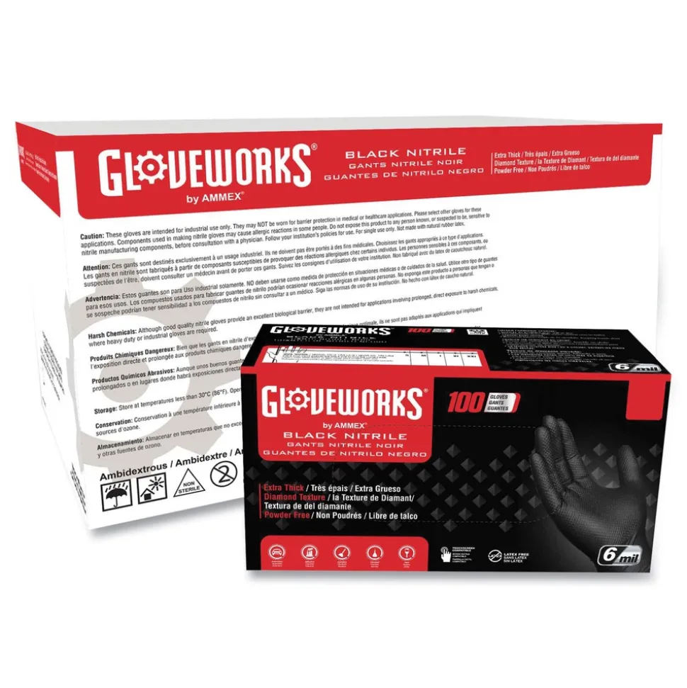 Ammex 6 mil Heavy-Duty Industrial Powder-Free Nitrile Gloves - Large, Black (1000/Carton)