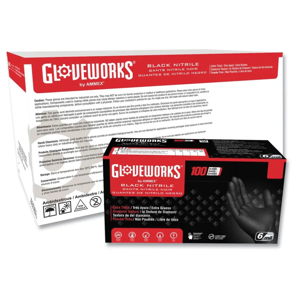 Ammex 6 mil Heavy-Duty Industrial Powder-Free Nitrile Gloves - X-Large, Black (1000/Carton)
