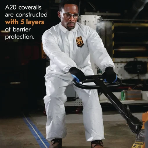Ansell A20 Zip Front, Elastic-Back, Wrists, and Ankles Breathable Particle Protection Coveralls - Quadruple Extra Large, White (20/Carton)