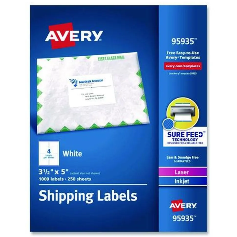 Avery 3.5 in. x 5 in. Shipping Labels-Bulk Packs for Inkjet/Laser Printers - White (4/Sheet, 250 Sheets/Box)