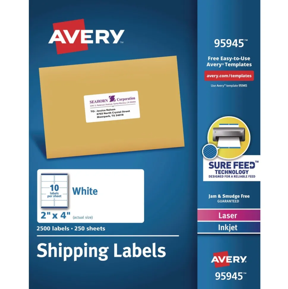 Avery 2 in. x 4 in. Shipping Labels-Bulk Packs for Inkjet/Laser Printers - White (10/Sheet, 250 Sheets/Box)