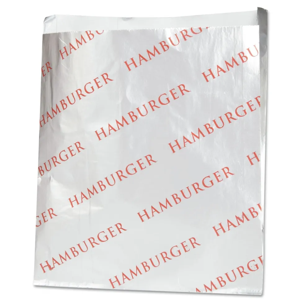 Bagcraft 300527 6 in. x 6.5 in. Foil Single-Serve Bags - Silver, Hamburger Design (1000/Carton)