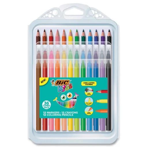 BIC Kids Colored Pencils Crayons Markers Coloring Combo Pack in Durable Case (36/Pack)