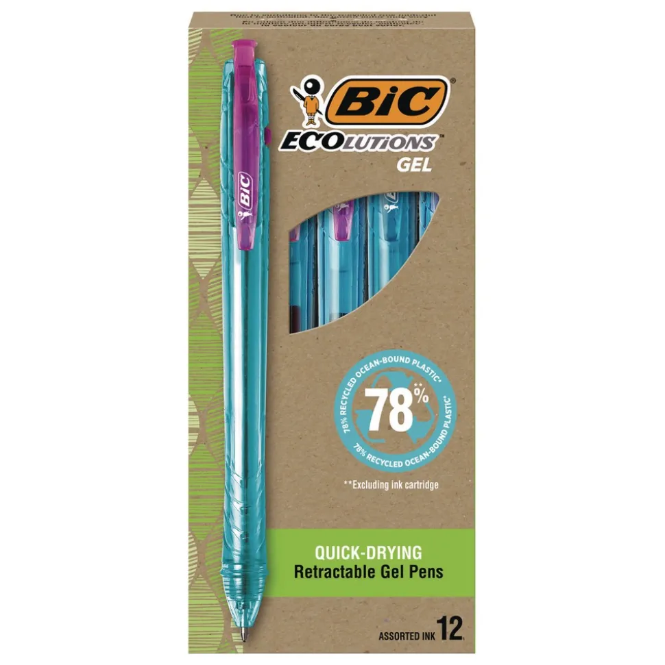 BIC Medium 1 mm Ecolutions Retractable Gel Pen - Assorted Ink Colors, Blue Barrel (12/Pack)