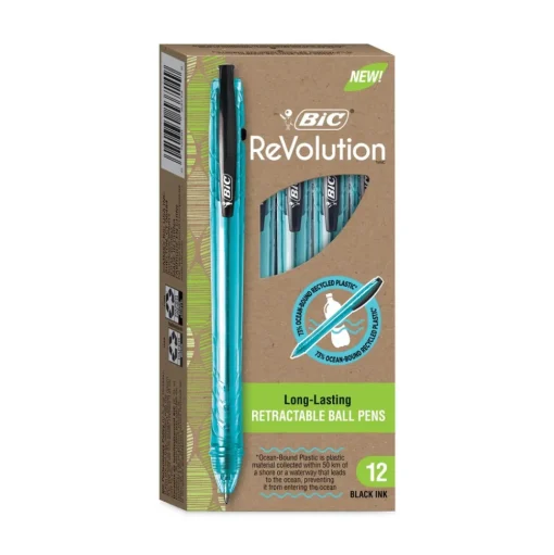 BIC ReVolution Ocean Bound Medium 1 millimeter Retractable Ballpoint Pen - Black Ink/Translucent Blue Barrel (1-Dozen)
