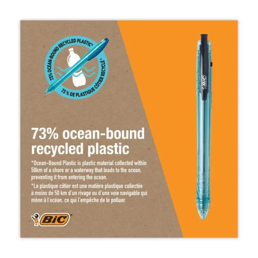 BIC ReVolution Ocean Bound Medium 1 millimeter Retractable Ballpoint Pen - Black Ink/Translucent Blue Barrel (1-Dozen)