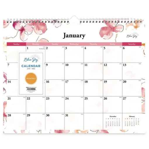 Blue Sky 15 in. x 12 in. 12-Month (Jan to Dec): 2026 Lindley Monthly Wall Calendar - Floral Artwork, White/Pink/Red Sheets