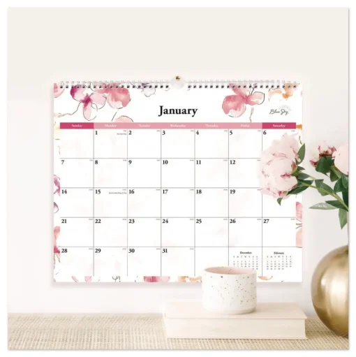 Blue Sky 15 in. x 12 in. 12-Month (Jan to Dec): 2026 Lindley Monthly Wall Calendar - Floral Artwork, White/Pink/Red Sheets