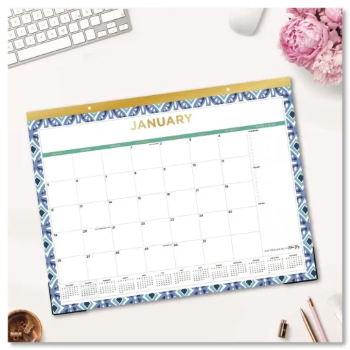 Blue Sky 22 in. x 17 in. 12-Month (Jan to Dec): 2026 Tile Monthly Desk Pad Calendar - Geometric Artwork, White/Blue/Green Sheets