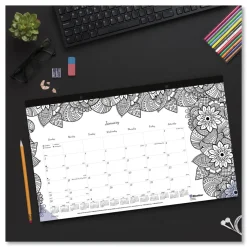 Blueline 12-Month (Jan to Dec): 2026 17.75 in. x 10.88 in. Monthly Coloring Artwork Desk Pad Calendar - Black Binding/Clear Corners