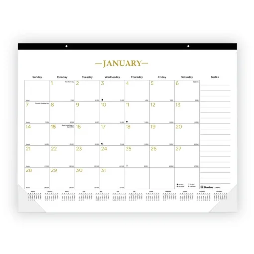 Blueline 12-Month (Jan to Dec): 2026 22 in. x 17 in. Gold Collection Monthly Desk Pad Calendar - White/Gold Sheets, Black Headband