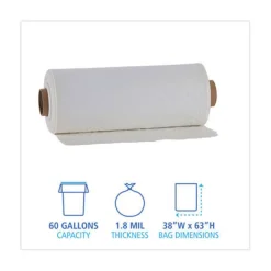 Boardwalk 60 Gallon 1.8 mil 38 in. x 63 in. Industrial Drum Liners Rolls - Clear (75/Carton)