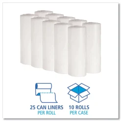 Boardwalk 10 Gallon 0.4 mil 24 in. x 23 in. Perforated Roll Low-Density Waste Can Liners - White (25 Bags/Roll, 20 Rolls/Carton)