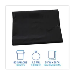 Boardwalk 60 Gallon 1.7 mil 38 in. x 58 in. Flat Pack Linear Low Density Industrial Can Liners - Black (100/Carton)