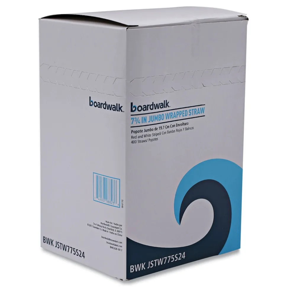 Boardwalk 7.75 in. Wrapped Jumbo Plastic Straws - White/Red Stripe (400/Pack, 25 Packs/Carton)