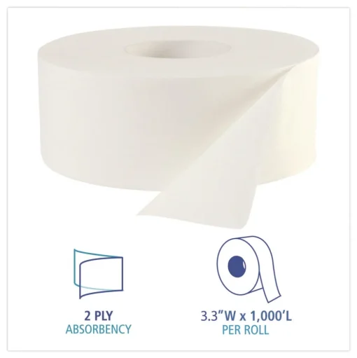 Boardwalk 3.5 in. x 1000 ft. JRT Septic Safe 2-Ply Bath Tissue - Jumbo, White (12/Carton)