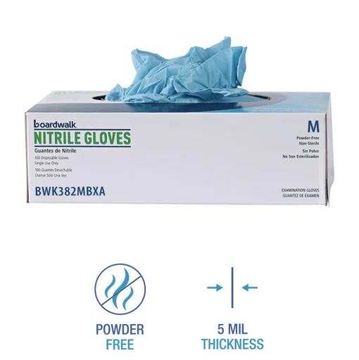 Boardwalk 5 mil 9.5 in. Long Powder-Free Disposable Examination Nitrile Gloves - Medium, Blue (100/Box, 10 Boxes/Carton)