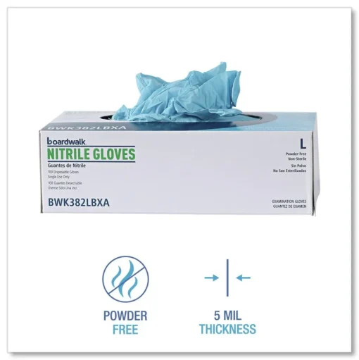 Boardwalk 5 mil 9.5 in. Long Powder-Free Disposable Examination Nitrile Gloves - Large, Blue (100/Box, 10 Boxes/Carton)