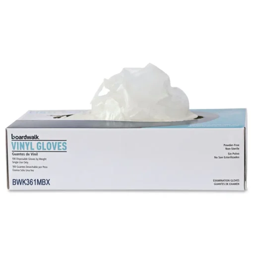 Boardwalk 3.6 mil Thick 9.5 in. Long Powder-Free Exam Vinyl Gloves - Medium, Clear (100/Box, 10 Boxes/Carton)