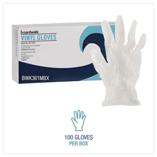 Boardwalk 3.6 mil Thick 9.5 in. Long Powder-Free Exam Vinyl Gloves - Medium, Clear (100/Box, 10 Boxes/Carton)