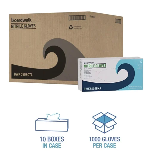 Boardwalk 380 Series 4 mil Thick 9.5 in. Long Powder-Free Disposable General-Purpose Nitrile Gloves - Small, Blue (100/Box, 10 Boxes/Carton)