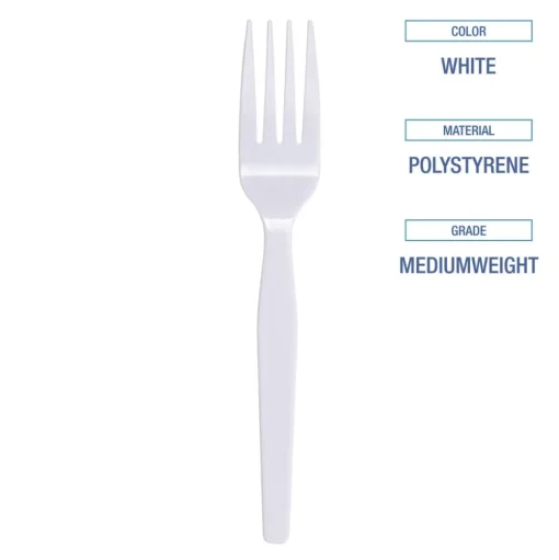 Boardwalk BWK FORKMWPS Mediumweight Polystyrene Plastic Fork Cutlery - White (100/Box, 10 Boxes/Carton)