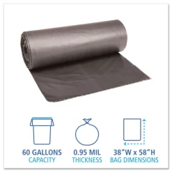 Boardwalk 100/Carton 60 Gallon .95 mil. 38 in. x 58 in. Low-Density Waste Can Liners - Gray