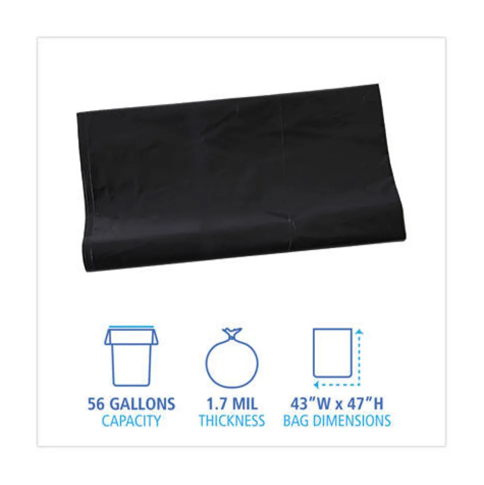 Boardwalk H8647WKK 56 Gallon 1.7 mil 43 in. x 47 in. Flat Pack Linear Low Density Industrial Can Liners - Black (100/Carton)