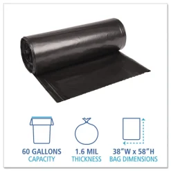 Boardwalk X7658XKKR01 38 in. x 58 in. 60 gal. 1.6 mil Recycled Low-Density Polyethylene Can Liners - Black (100/Carton)