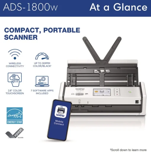 Brother 600 dpi x 600 dpi Optical Resolution 20-Sheet Duplex Auto Document Feeder ADS-1800W Compact Desktop Scanner