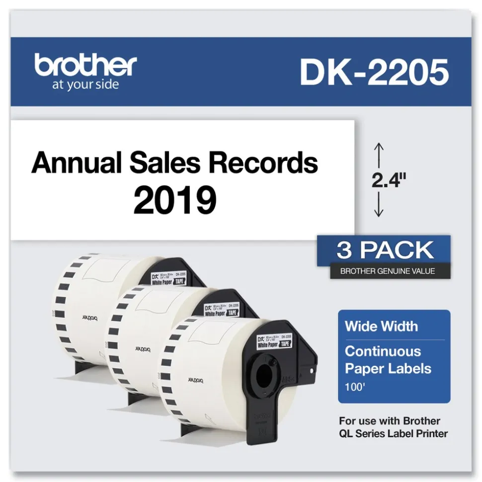 Brother 2.4 in. x 100 ft. Continuous Paper Label Tape - White (3/Pack)