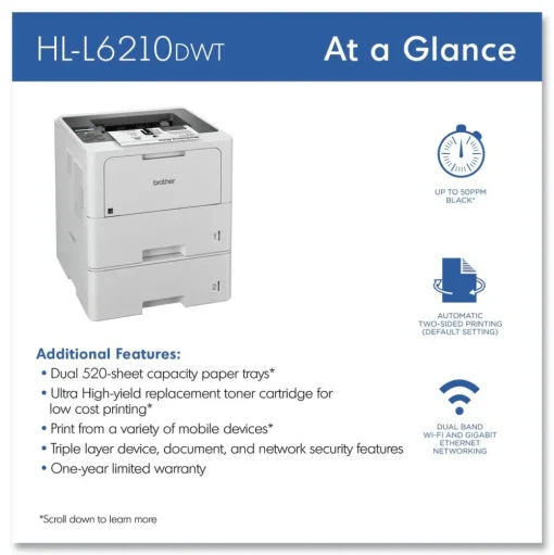 Brother Business Monochrome Laser Printer with Dual Paper Trays