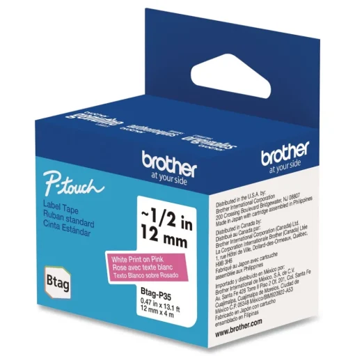Brother P-Touch 0.47 in. x 13.1 ft. Genuine P-Touch BTAG Label Tapes - White on Pink