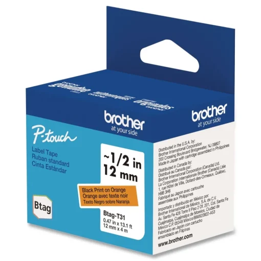 Brother P-Touch 0.47 in. x 13.1 ft. Genuine P-Touch BTAG Label Tapes - Black on Orange