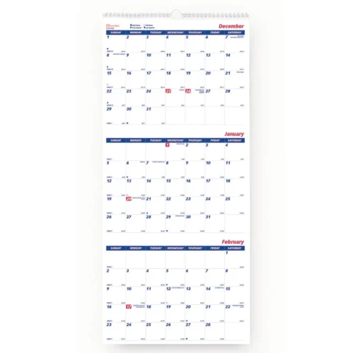 Brownline 14-Month: Dec 2025 to Jan 2027 12.25 in. x 27 in. Three-Month Wall Calendar - White/Blue Sheets