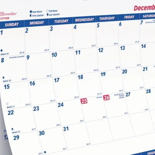 Brownline 14-Month: Dec 2025 to Jan 2027 12.25 in. x 27 in. Three-Month Wall Calendar - White/Blue Sheets