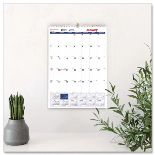 Brownline 12-Month (Jan to Dec): 2026 12 in. x 17 in. One Month Per Page Twin-Wirebound Wall Calendar - White/Blue Sheets