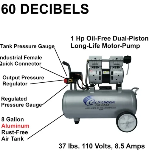 California Air Tools 1 HP 8 Gallon Ultra Quiet and Oil-Free Aluminum Tank Wheelbarrow Air Compressor