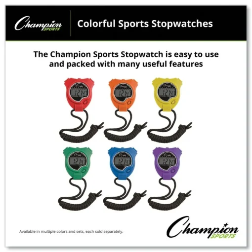 Champion Sports Accurate to 1/100 Second Water-Resistant Stopwatch - Assorted Colors (6/Box)
