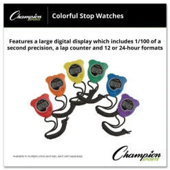 Champion Sports Accurate to 1/100 Second Water-Resistant Stopwatch - Assorted Colors (6/Box)