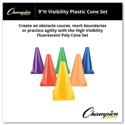 Champion Sports TC9SET 5 in. x 5 in. Base 9 in. Tall High-Visibility Plastic Cones - Assorted Colors (6/Set)