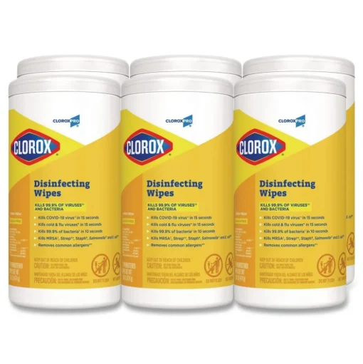 Clorox 7 in. x 8 in. 1-Ply Disinfecting Wipes - Lemon Fresh, White (75/Canister, 6/Carton)