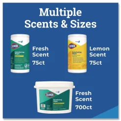 Clorox 7 in. x 8 in. 1-Ply Disinfecting Wipes - Lemon Fresh, White (75/Canister, 6/Carton)