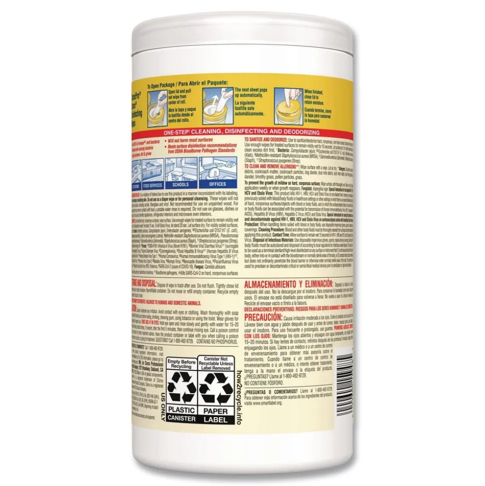 Clorox 7 in. x 8 in. 1-Ply Disinfecting Wipes - Lemon Fresh, White (75/Canister, 6/Carton)