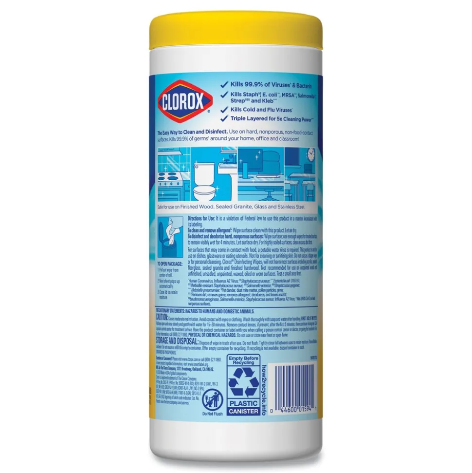 Clorox 7 in. x 8 in. 1-Ply Disinfecting Wipes - Crisp Lemon, White (35/Canister)