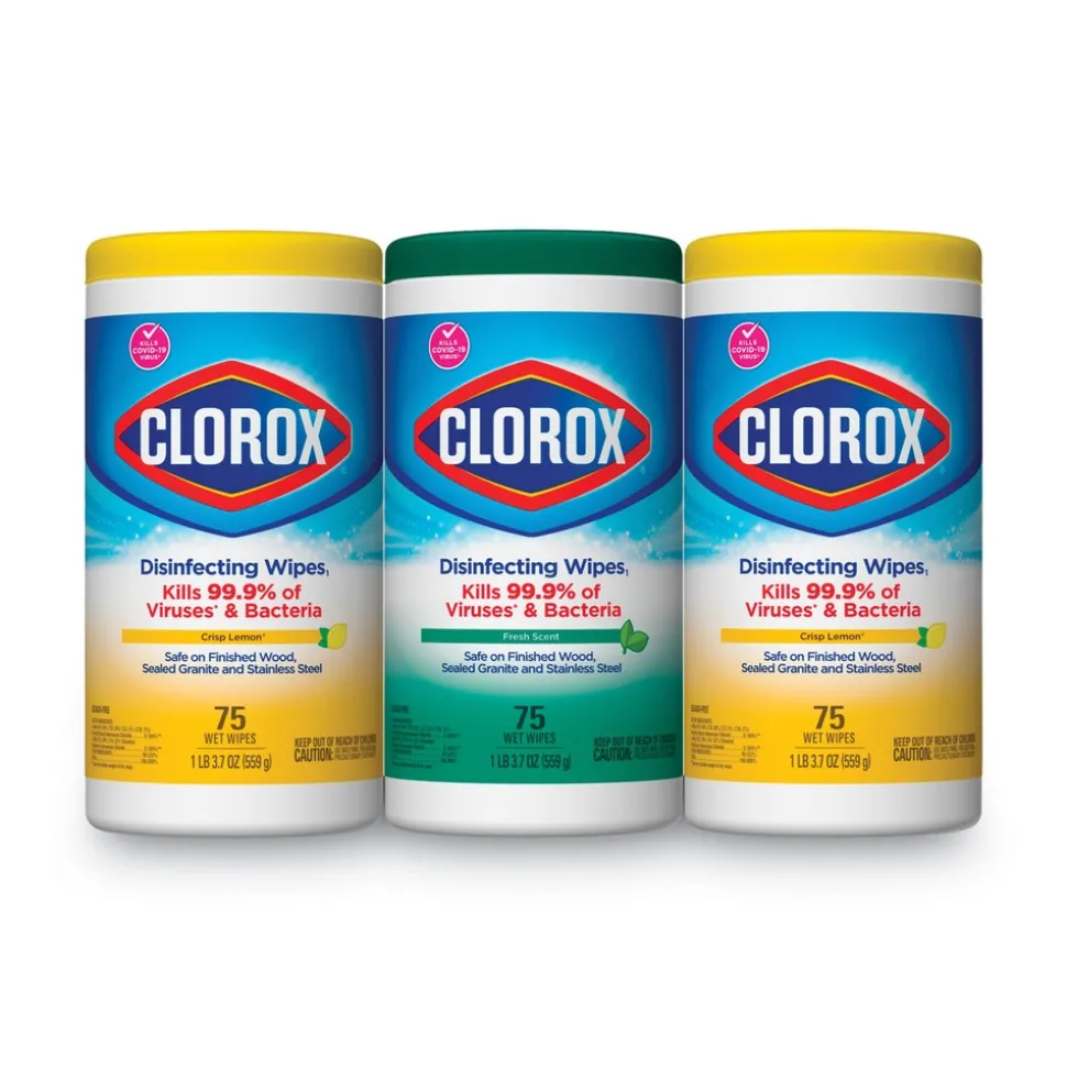 Clorox 7 in. x 8 in. 1-Ply Disinfecting Wipes - Fresh Scent/Citrus Blend, White (75/Canister, 3 Canisters/Pack)